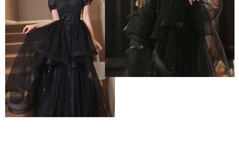 Short-Sleeve Square Neck Mesh A-Line Evening Gown