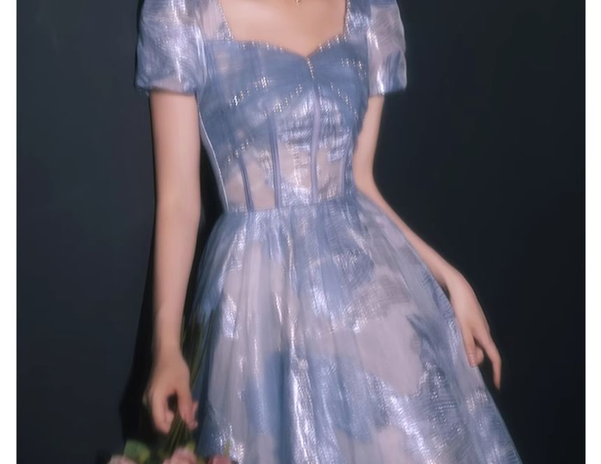 Evening A-Line Beaded Patterned Gown Short-Sleeve