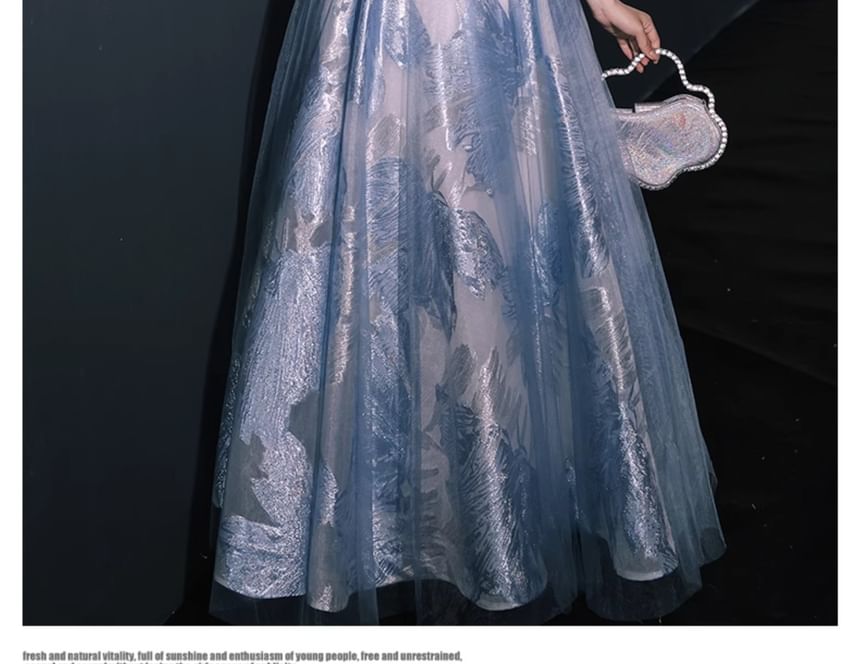 Evening A-Line Beaded Patterned Gown Short-Sleeve