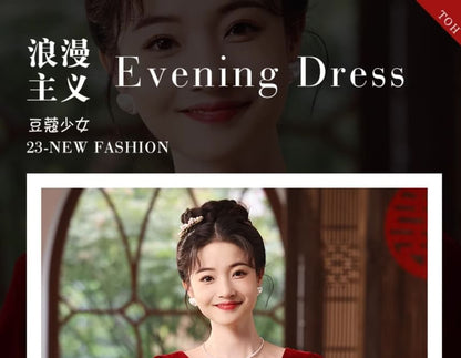 Bow Velvet Evening Gown A-Line Long-Sleeve