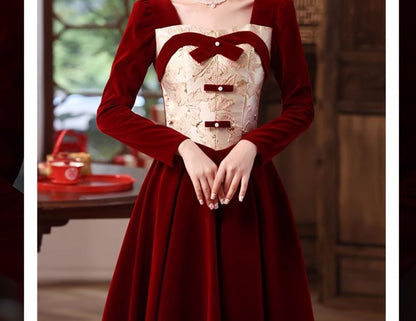 Bow Velvet Evening Gown A-Line Long-Sleeve