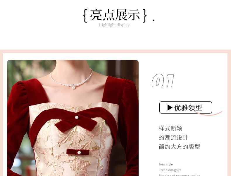 Bow Velvet Evening Gown A-Line Long-Sleeve