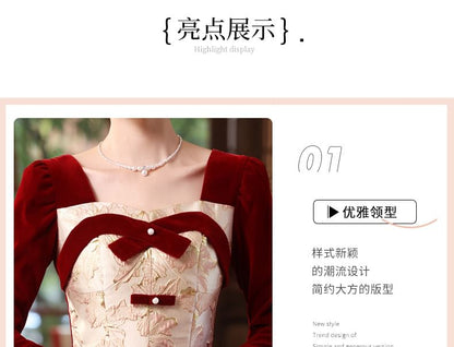 Bow Velvet Evening Gown A-Line Long-Sleeve