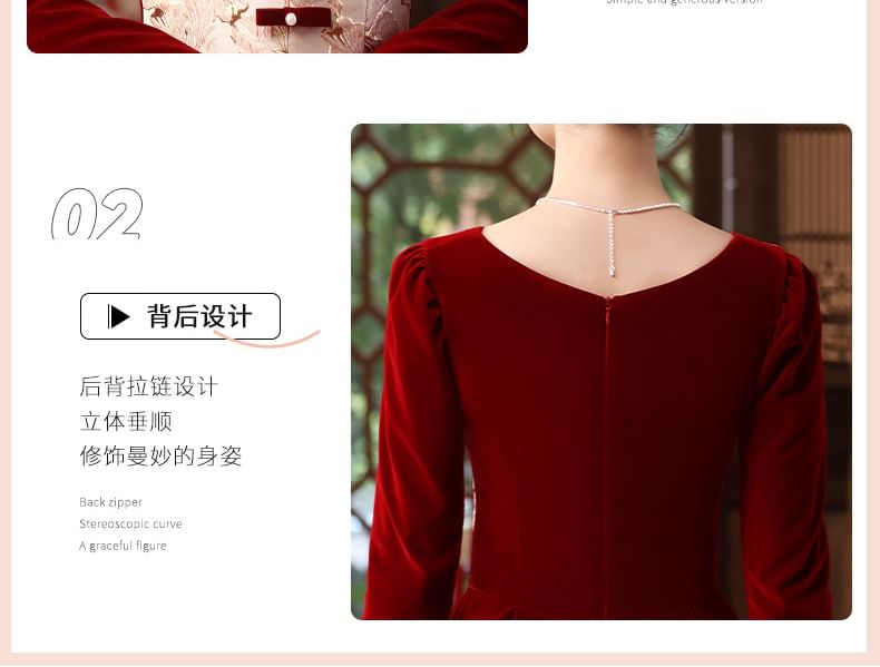 Bow Velvet Evening Gown A-Line Long-Sleeve