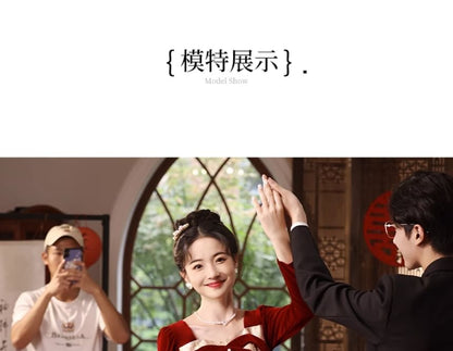 Bow Velvet Evening Gown A-Line Long-Sleeve