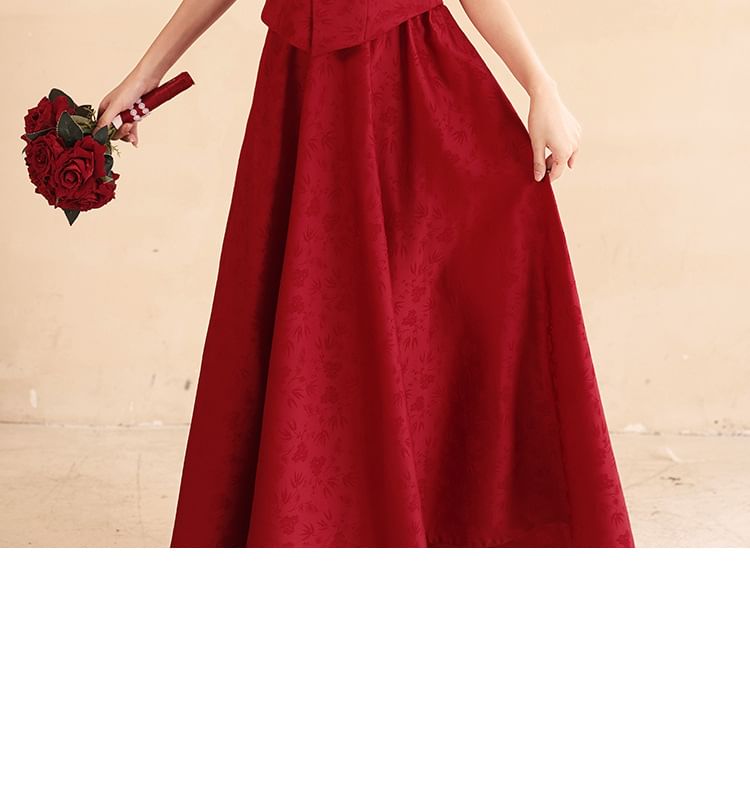 Mandarin Collar Jacquard Top and Midi Skirt Set