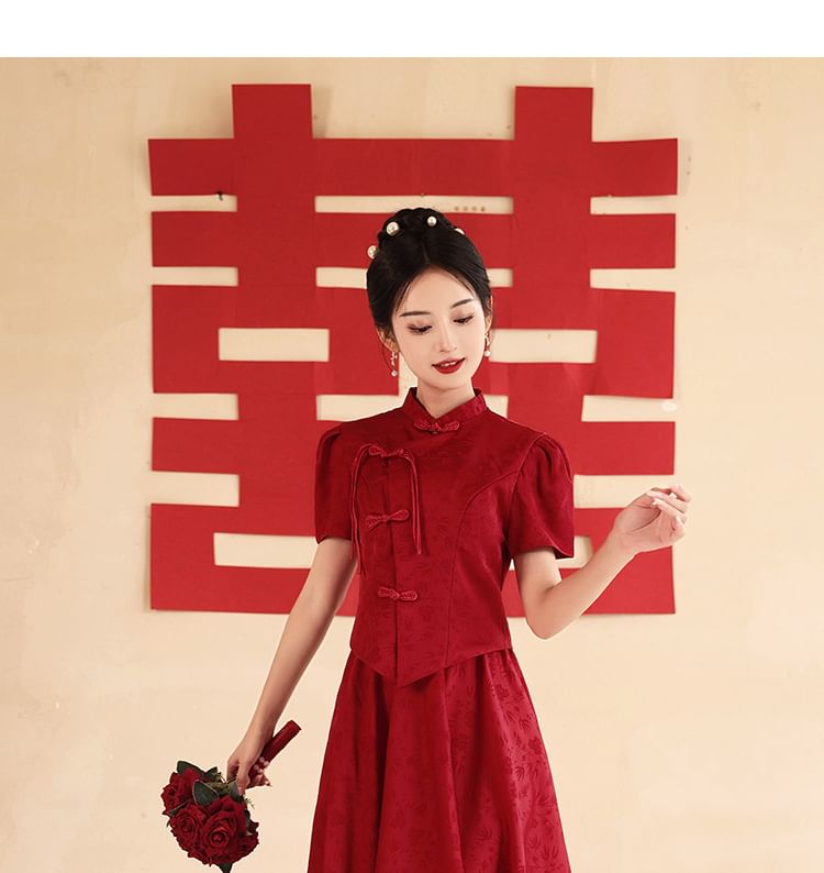 Mandarin Collar Jacquard Top and Midi Skirt Set