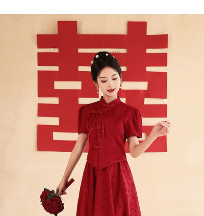 Mandarin Collar Jacquard Top and Midi Skirt Set