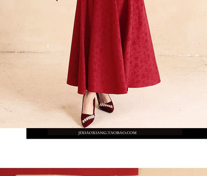 Mandarin Collar Jacquard Top and Midi Skirt Set