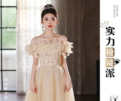 Off-Shoulder Floral Sequin Mesh A-Line Evening Gown