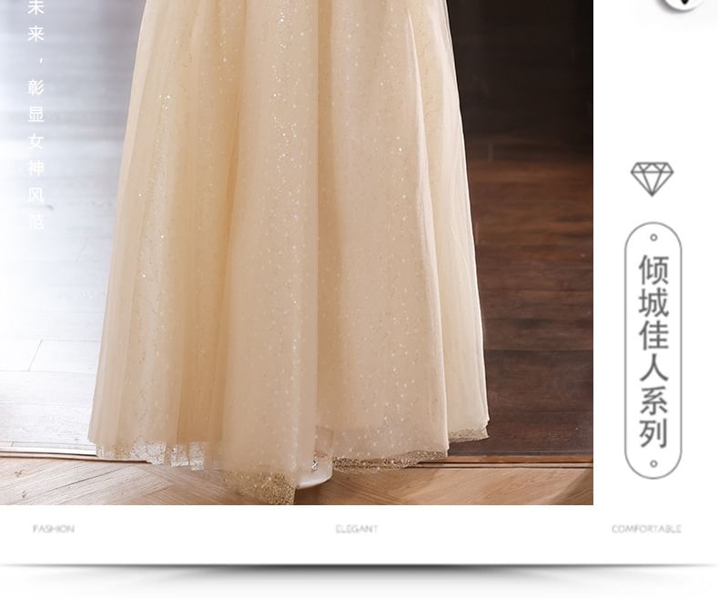 Off-Shoulder Floral Sequin Mesh A-Line Evening Gown