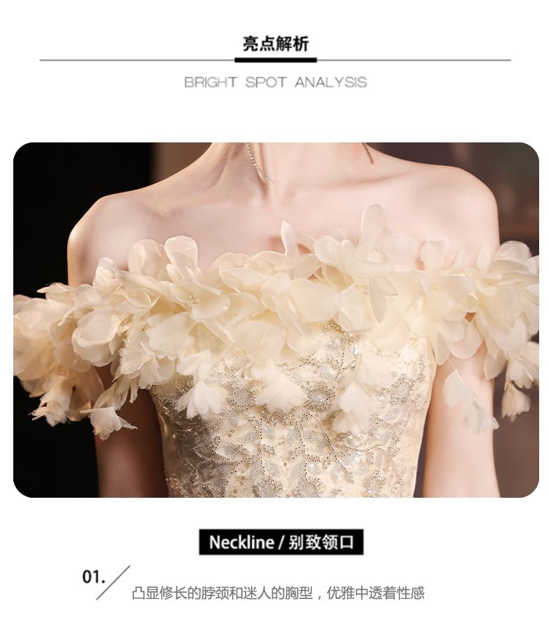 Off-Shoulder Floral Sequin Mesh A-Line Evening Gown