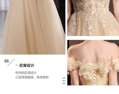 Off-Shoulder Floral Sequin Mesh A-Line Evening Gown