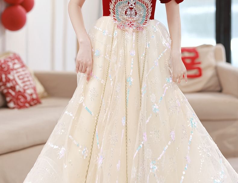 Short-Sleeve Beaded Sequin Mesh A-Line Cocktail Dress / Maxi Evening Dress