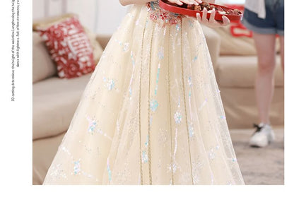 Short-Sleeve Beaded Sequin Mesh A-Line Cocktail Dress / Maxi Evening Dress