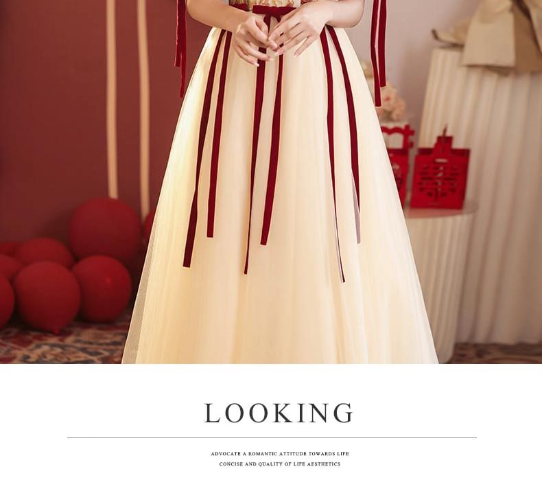 Evening Gown Floral A-Line Bow Short-Sleeve Mesh