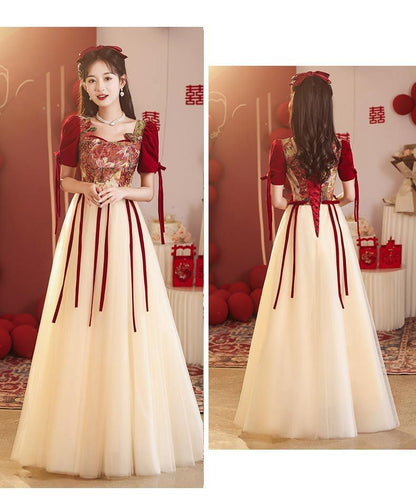 Evening Gown Floral A-Line Bow Short-Sleeve Mesh