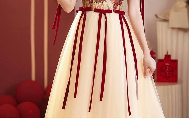 Evening Gown Floral A-Line Bow Short-Sleeve Mesh