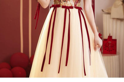 Evening Gown Floral A-Line Bow Short-Sleeve Mesh