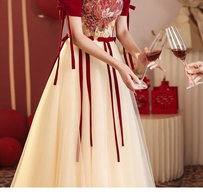 Evening Gown Floral A-Line Bow Short-Sleeve Mesh