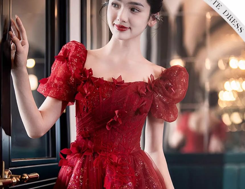 Sequin A-Line Evening Gown Short-Sleeve Accent Flower