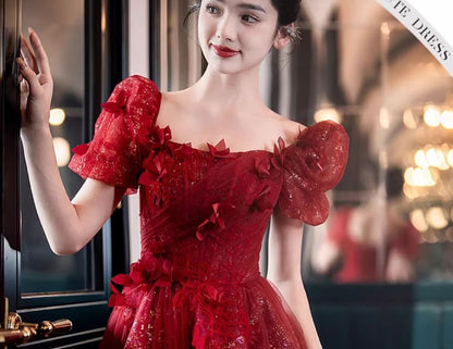 Sequin A-Line Evening Gown Short-Sleeve Accent Flower