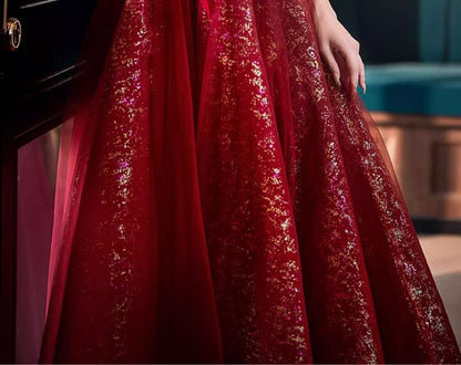 Sequin A-Line Evening Gown Short-Sleeve Accent Flower