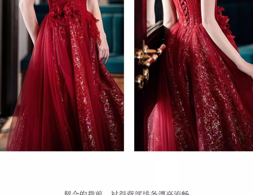 Sequin A-Line Evening Gown Short-Sleeve Accent Flower