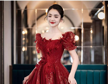 Sequin A-Line Evening Gown Short-Sleeve Accent Flower