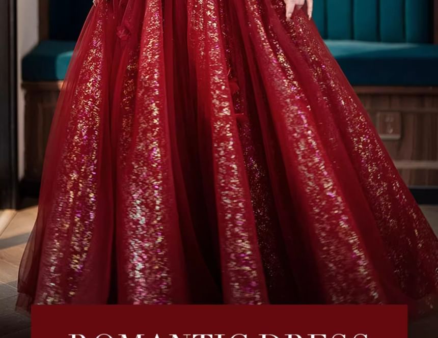 Sequin A-Line Evening Gown Short-Sleeve Accent Flower