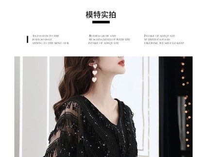 Elbow-Sleeve V-Neck Fringed Sequin A-Line Evening Gown