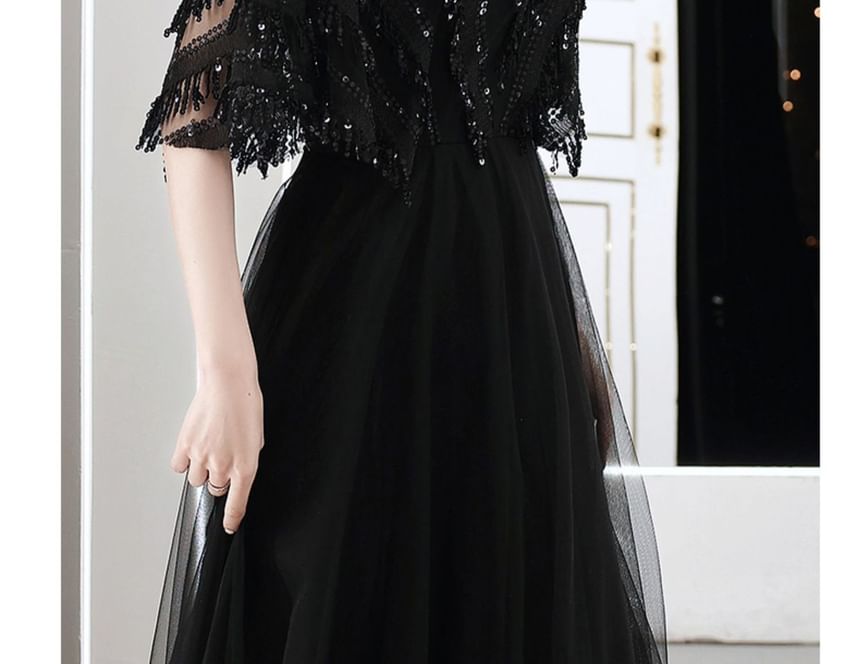 Elbow-Sleeve V-Neck Fringed Sequin A-Line Evening Gown