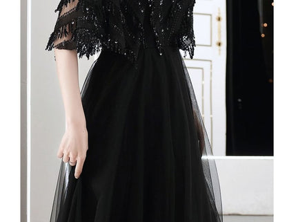 Elbow-Sleeve V-Neck Fringed Sequin A-Line Evening Gown