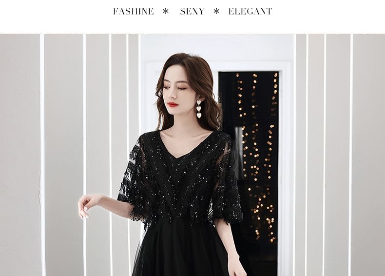 Elbow-Sleeve V-Neck Fringed Sequin A-Line Evening Gown