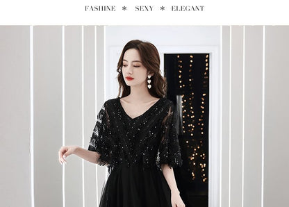 Elbow-Sleeve V-Neck Fringed Sequin A-Line Evening Gown