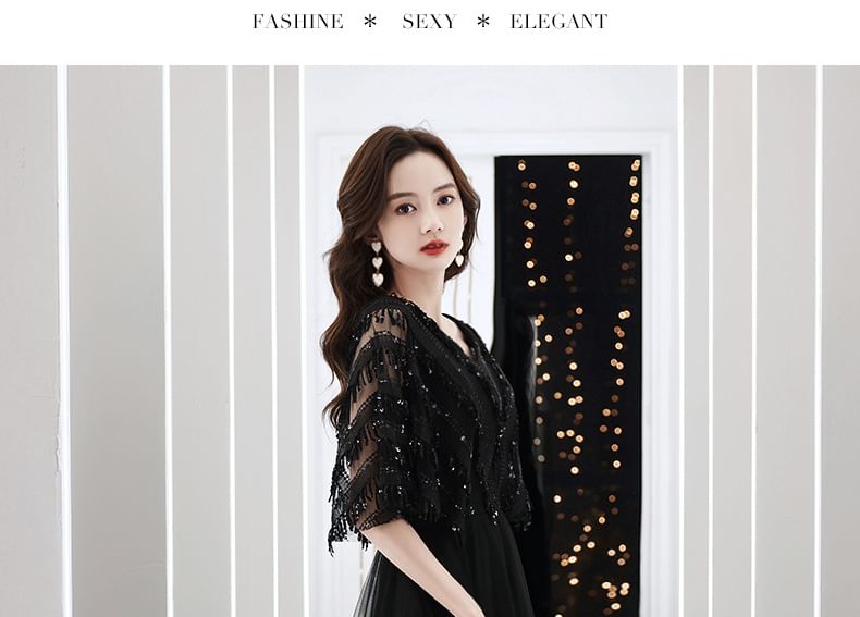 Elbow-Sleeve V-Neck Fringed Sequin A-Line Evening Gown