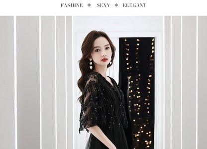 Elbow-Sleeve V-Neck Fringed Sequin A-Line Evening Gown