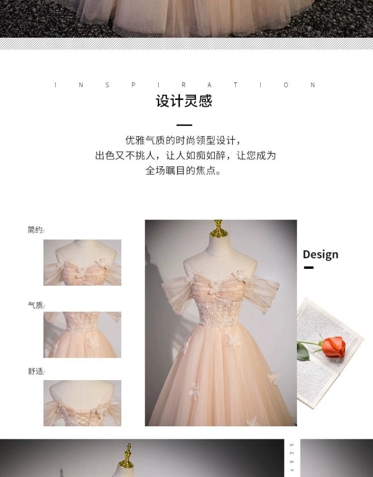 Off-Shoulder Flower Accent Mesh A-Line Evening Gown