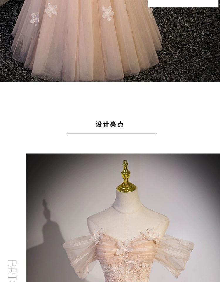 Off-Shoulder Flower Accent Mesh A-Line Evening Gown