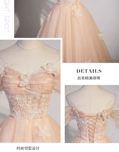 Off-Shoulder Flower Accent Mesh A-Line Evening Gown