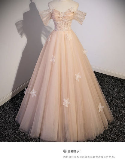 Off-Shoulder Flower Accent Mesh A-Line Evening Gown