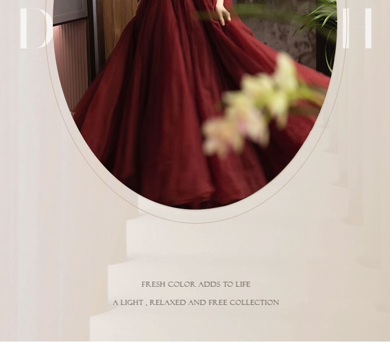 Ball Plain Neck Puff-Sleeve Back Gown Square Bow