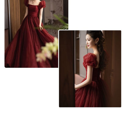 Ball Plain Neck Puff-Sleeve Back Gown Square Bow