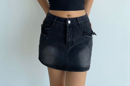 Distressed Low-Rise Denim Skirt