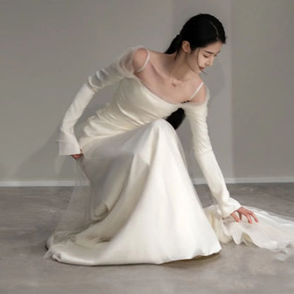 Long-Sleeve Cold Shoulder Plain Trained Open Back Mermaid Wedding Gown