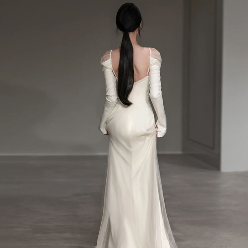 Long-Sleeve Cold Shoulder Plain Trained Open Back Mermaid Wedding Gown