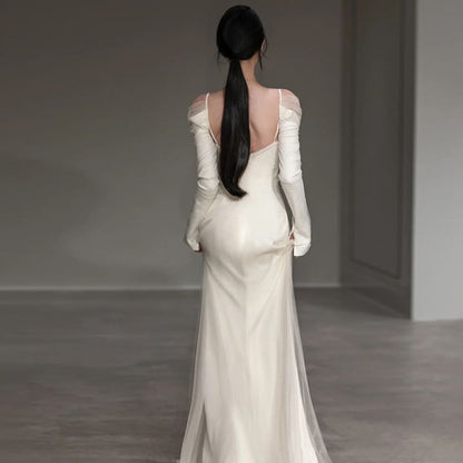 Long-Sleeve Cold Shoulder Plain Trained Open Back Mermaid Wedding Gown