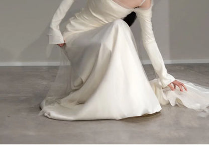 Long-Sleeve Cold Shoulder Plain Trained Open Back Mermaid Wedding Gown