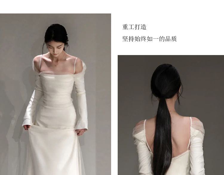 Long-Sleeve Cold Shoulder Plain Trained Open Back Mermaid Wedding Gown