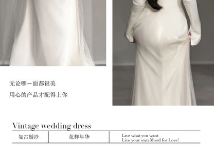 Long-Sleeve Cold Shoulder Plain Trained Open Back Mermaid Wedding Gown